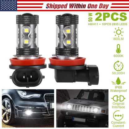 2PCS 800LM 50W H8/H9/H11 LED Fog DRL Light Bulb IP68 Waterproof 10 2835 LEDs 360¡ Beam Angle 6000K White