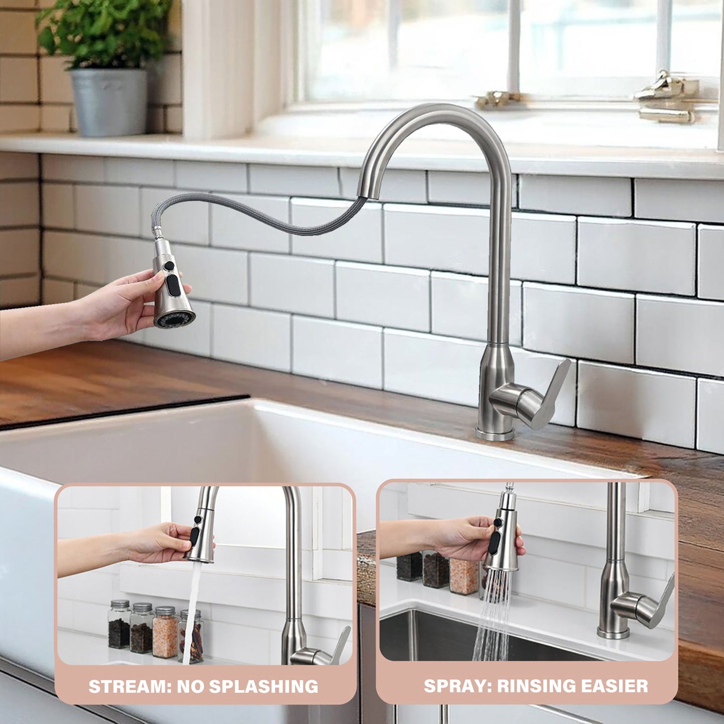Stainless Steel High Arc Kitchen Faucet With Pull Down Sprayer - Brushed Nickel