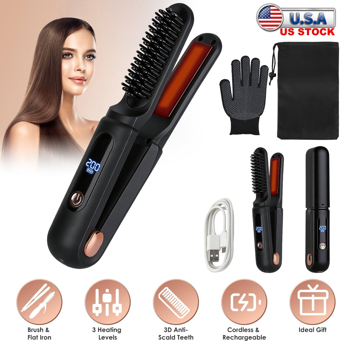 Cordless Hair Straightener Brush 2-in-1 Ceramic Flat Iron
