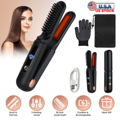 Cordless Hair Straightener Brush 2-in-1 Ceramic Flat Iron
