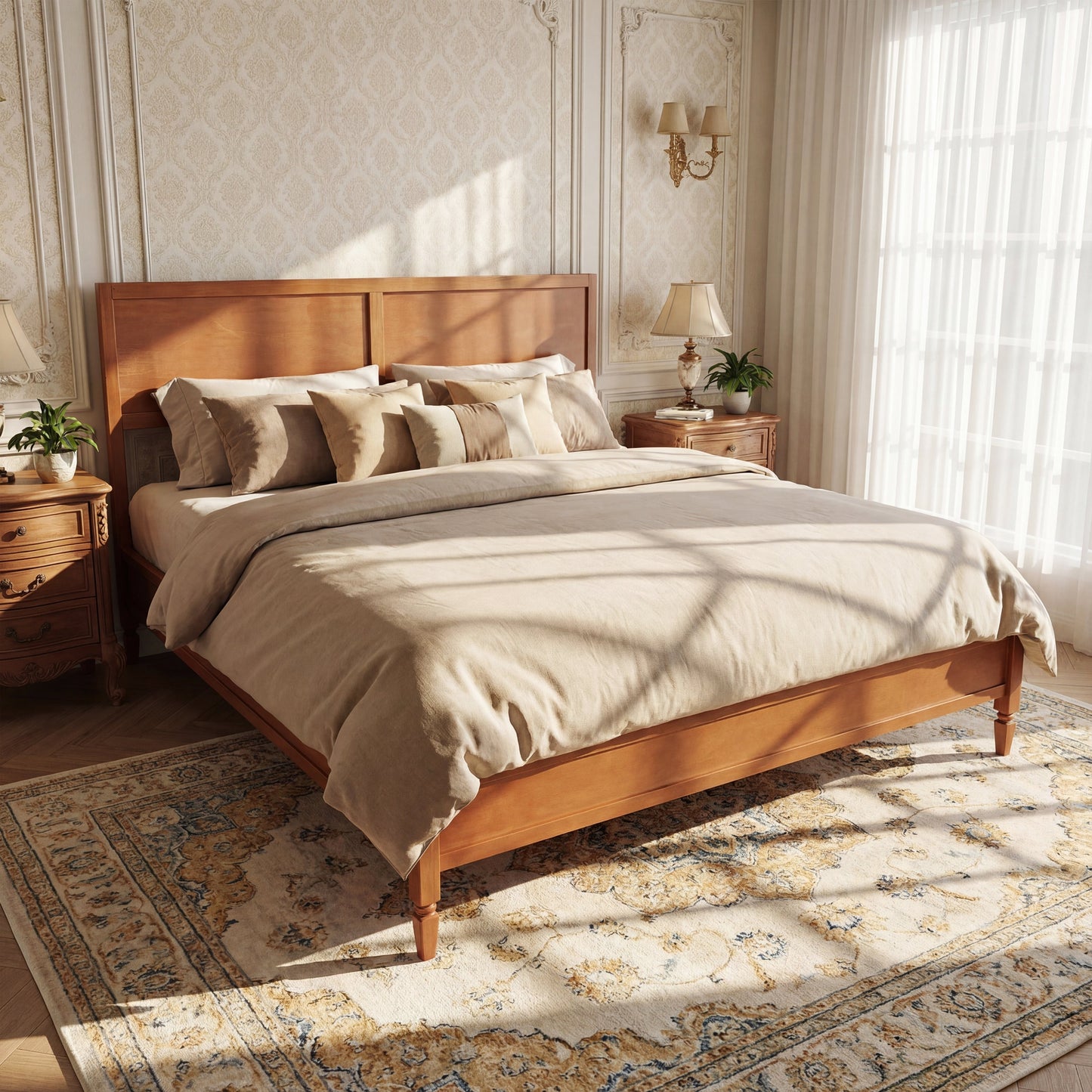 King Size Wood Platform Bed Frame with Classic Panel Headboard