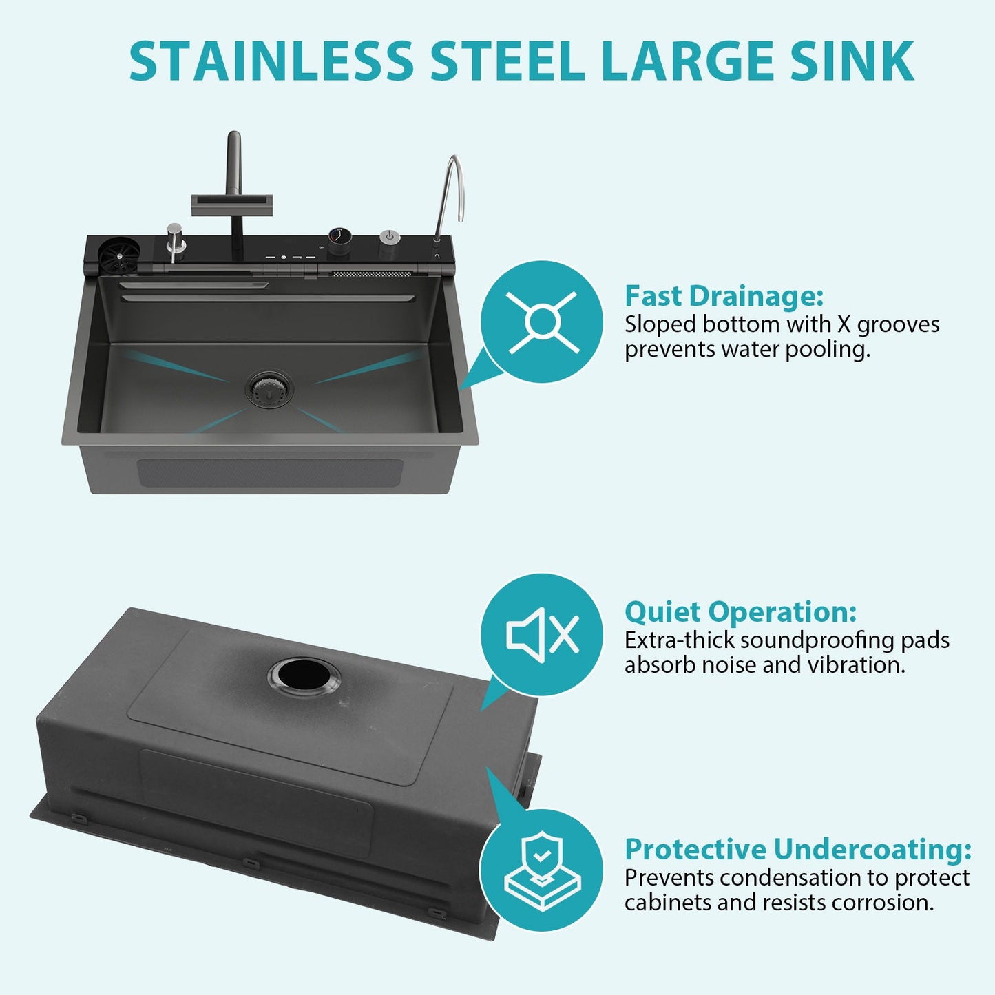 30" Single Bowl Kitchen Sink With Smart LED Faucet
