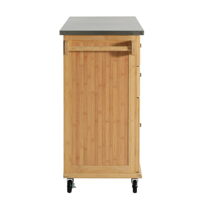 Indoor Bamboo Rolling Kitchen Island with Stainless Steel Top
