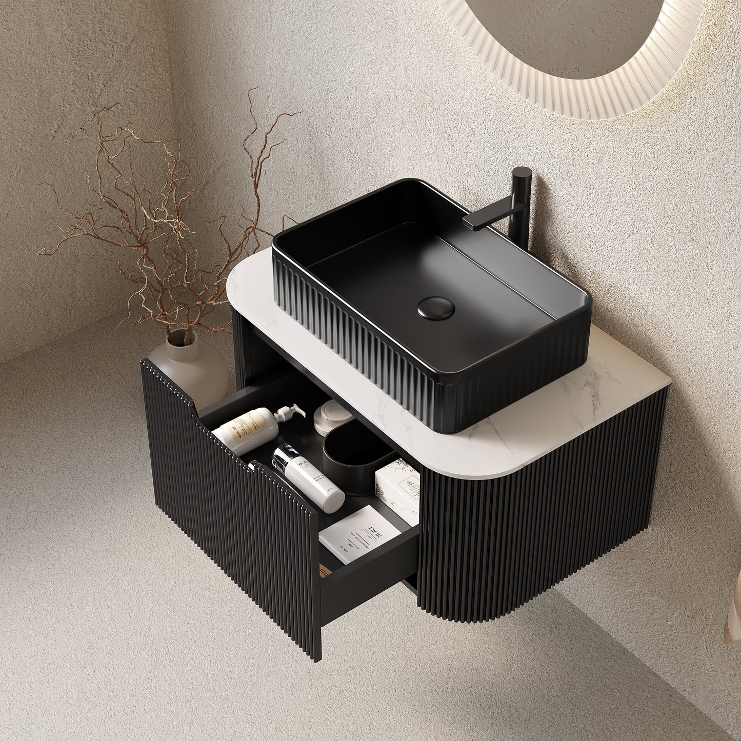 DINA 30" Bathroom Vanity & Sink, Floating Curved Edges Storage Cabinet