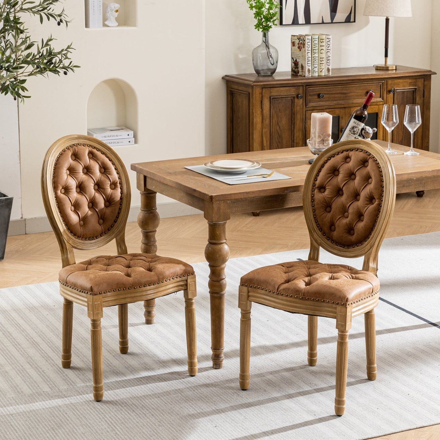 French Style Solid Wood Frame Antique Painting, Hand-Pulled Buckle Decoration Artificial Dining Chair With Nailhead Trim, Wood Legs