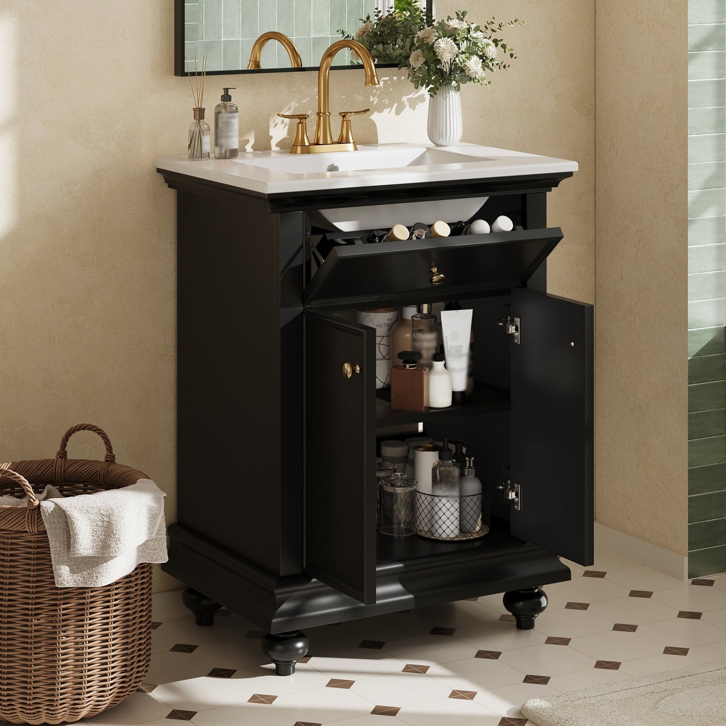 24" Modern Bathroom Vanity with Tip-Out Drawer & Soft-Close Hinges