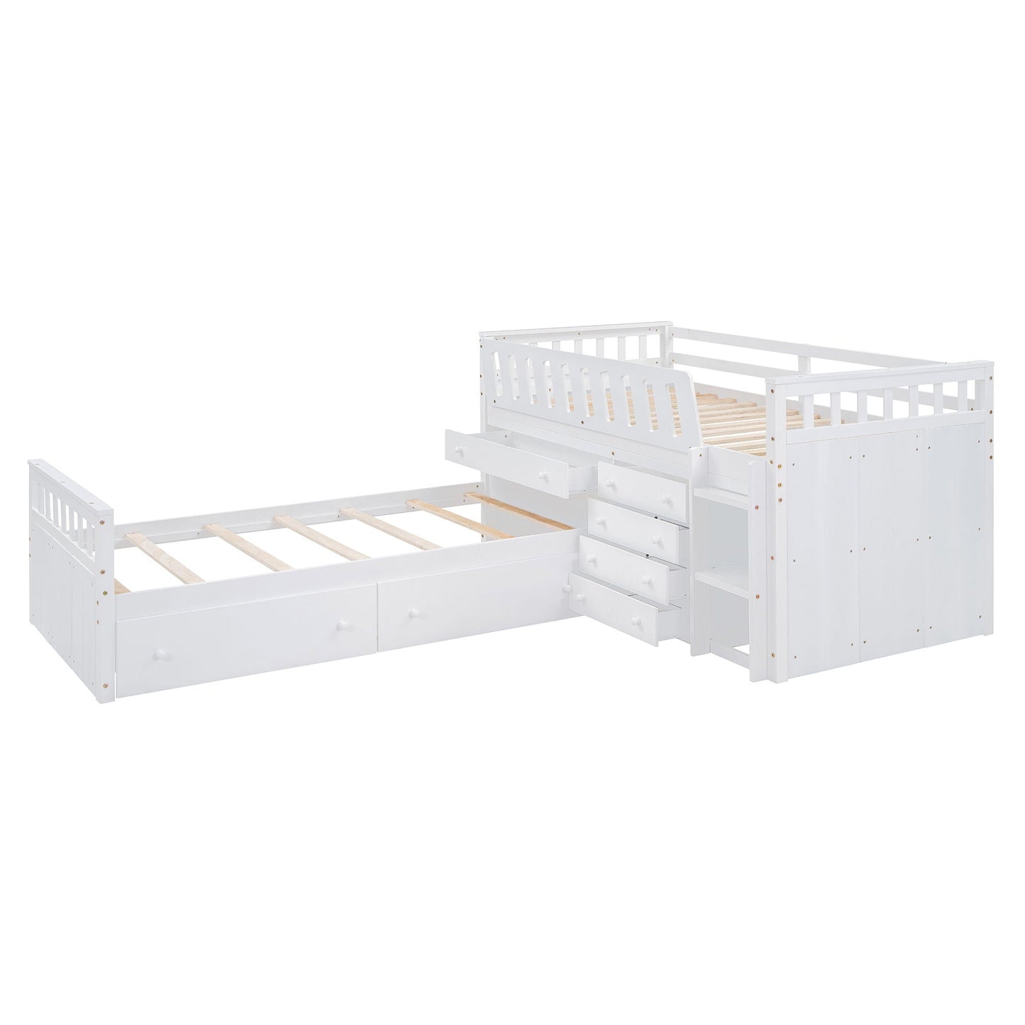 Loft Platform Bed With 7 Drawers And Full Guardrails, Modern L Shaped Space Savin