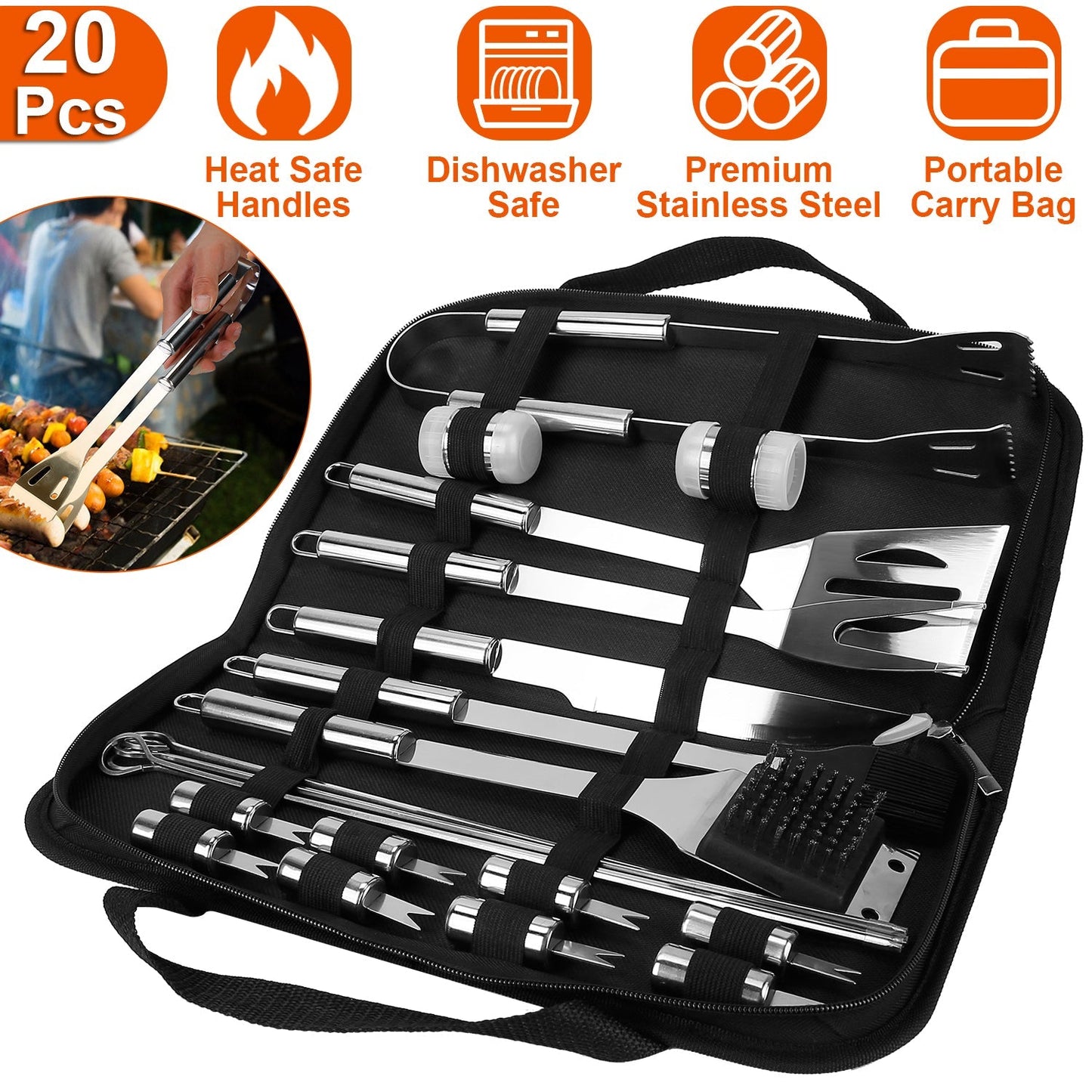 Stainless Steel BBQ Grill Tool Kit Grilling Utensil Accessories w/ Spatula Tongs Fork Knife_x000B__x000B_Brush Pepper Salt Shaker Bottle Grilled Skewers Corn Need