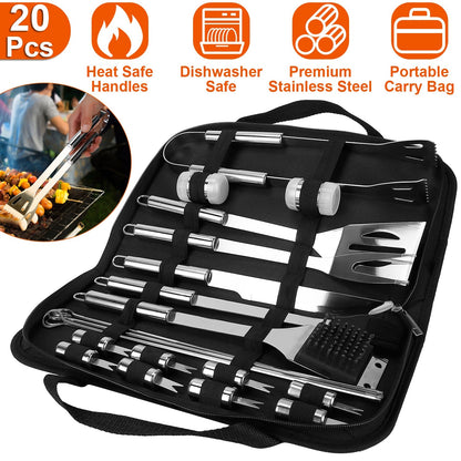 Stainless Steel BBQ Grill Tool Kit Grilling Utensil Accessories w/ Spatula Tongs Fork Knife_x000B__x000B_Brush Pepper Salt Shaker Bottle Grilled Skewers Corn Need