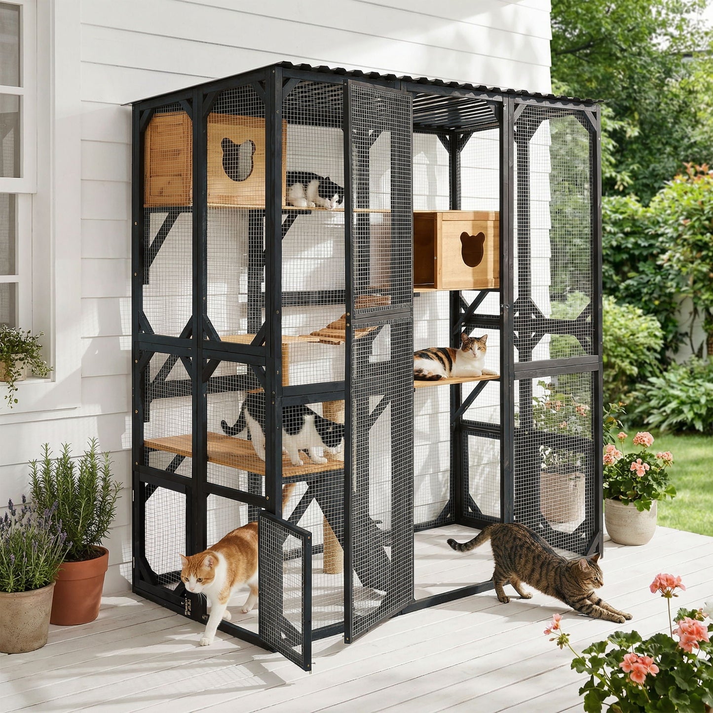 Outdoor Cat Enclosure With Sleeping Houses, Jumping Platforms, Scratching Post