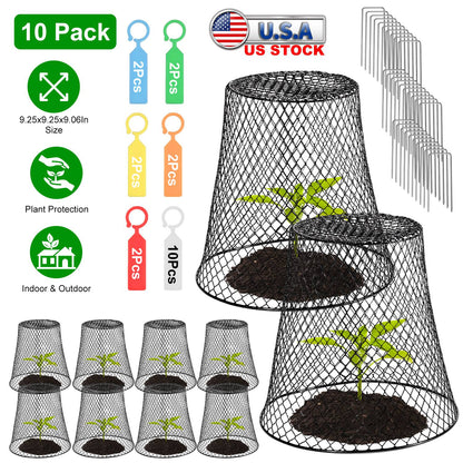 10Pack 9.25x9.25in Chicken Wire Cloches Plant Covers Metal Garden Cages Heavy Duty Plant Protectors with 30 Stakes 20 Labels Keep Bunnies Chicken Squi