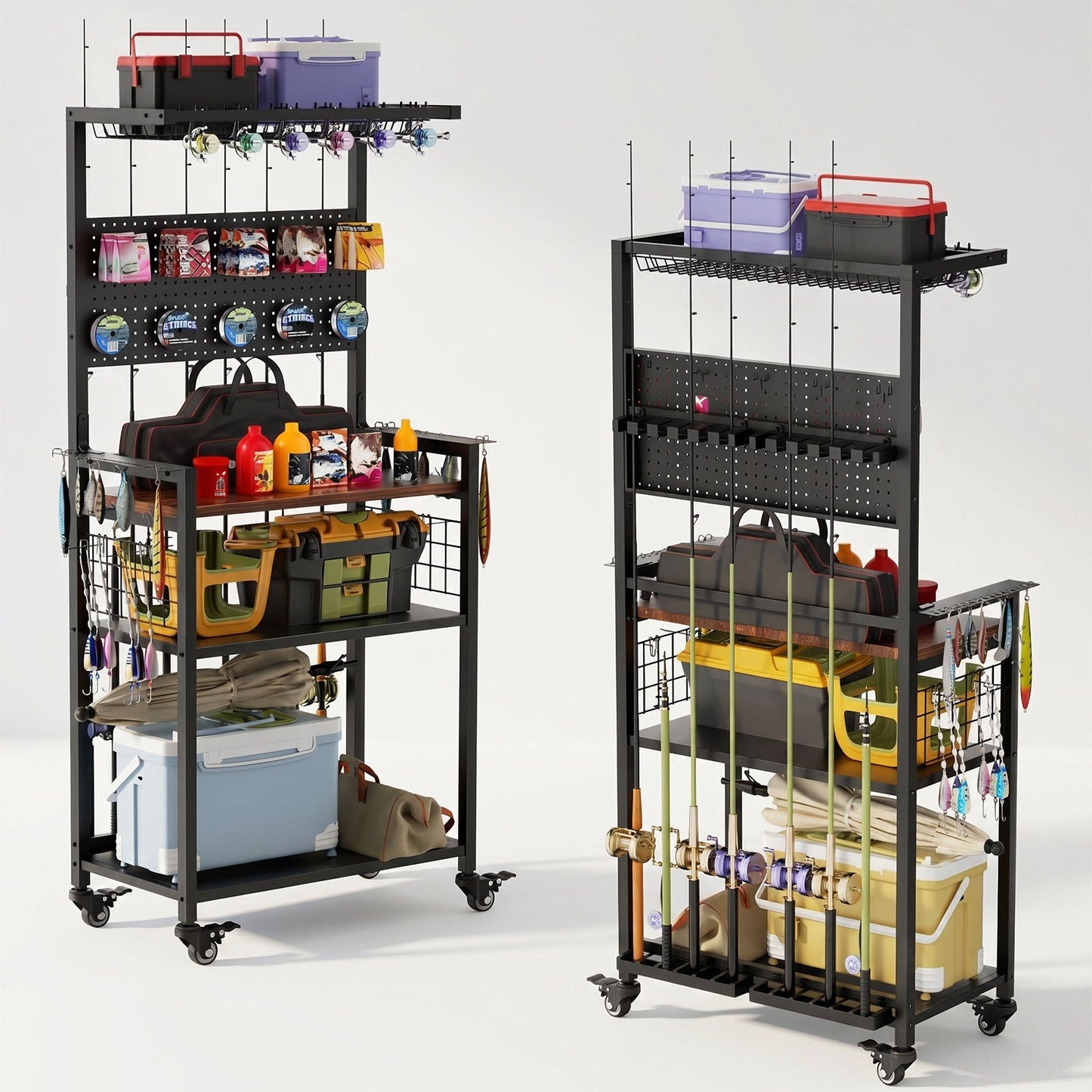 Fishing Rod Storage Rack With Pegboard, Rolling Tackle Organizer Cart - Black