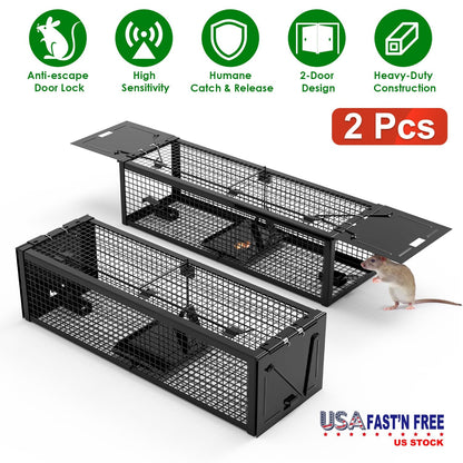 2-Pack Humane Live Rat Trap Cage with Dual Doors
