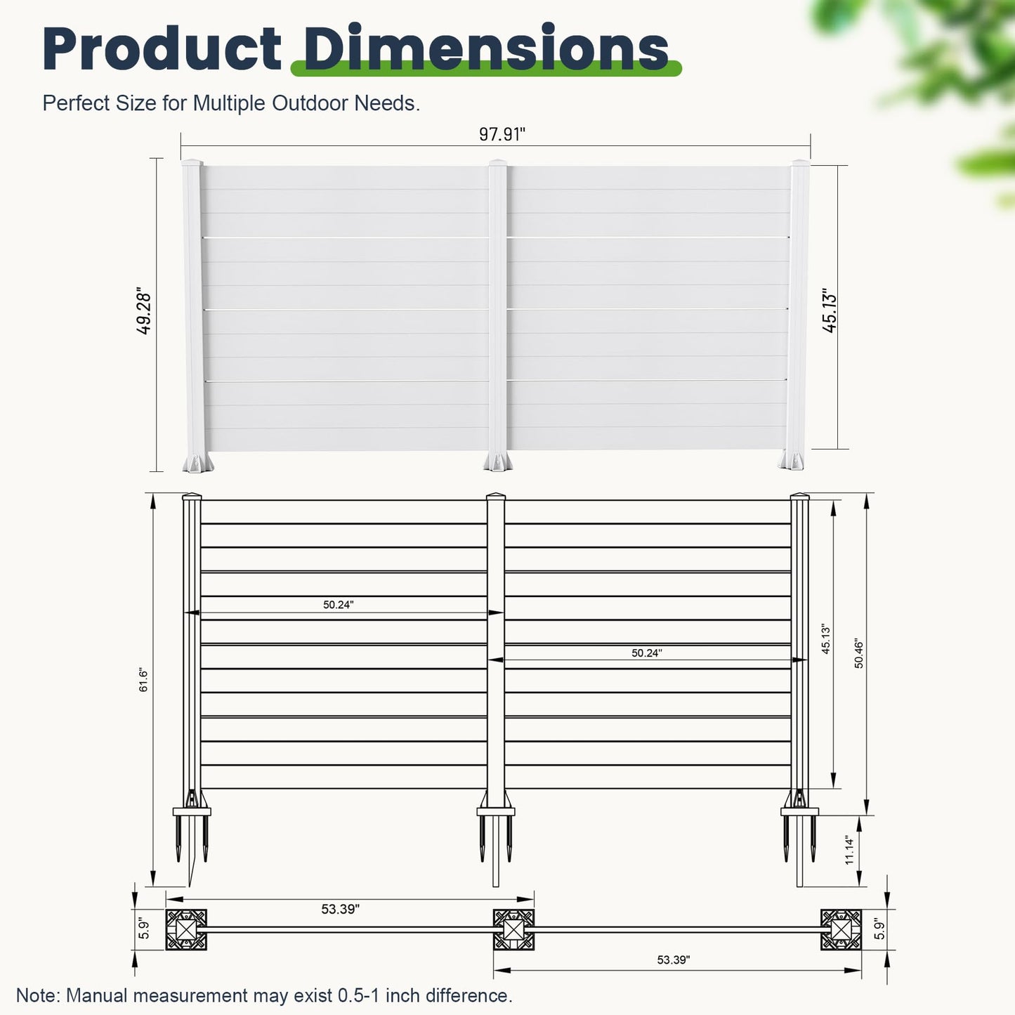 50" W x 49" H Outdoor Privacy Screen with Aluminum Posts, 2 Panels