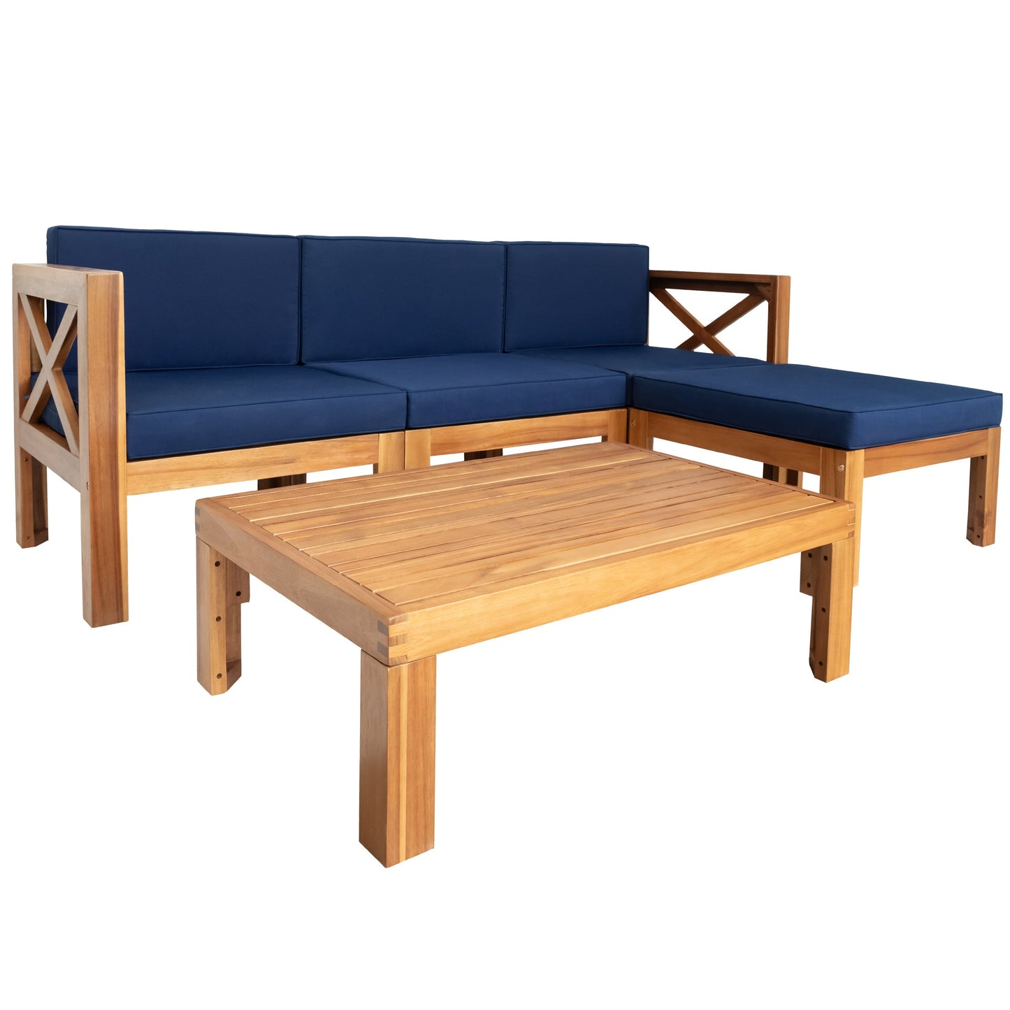 TOPMAX Outdoor 5-Piece Wood Sectional Patio Sofa Set with Blue Cushions