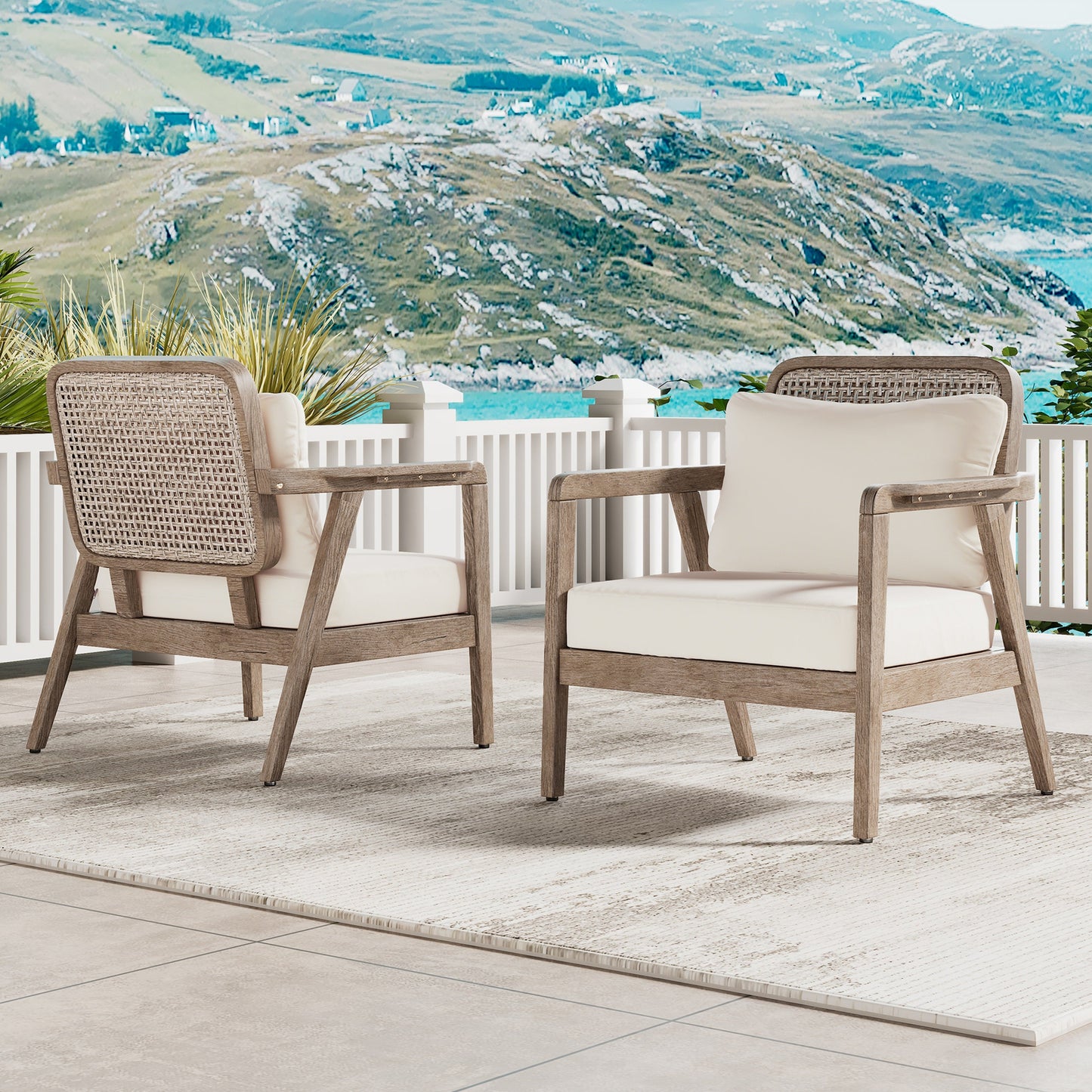 Set of 2 Outdoor Acacia Wood Patio Club Chairs with Waterproof Cushions
