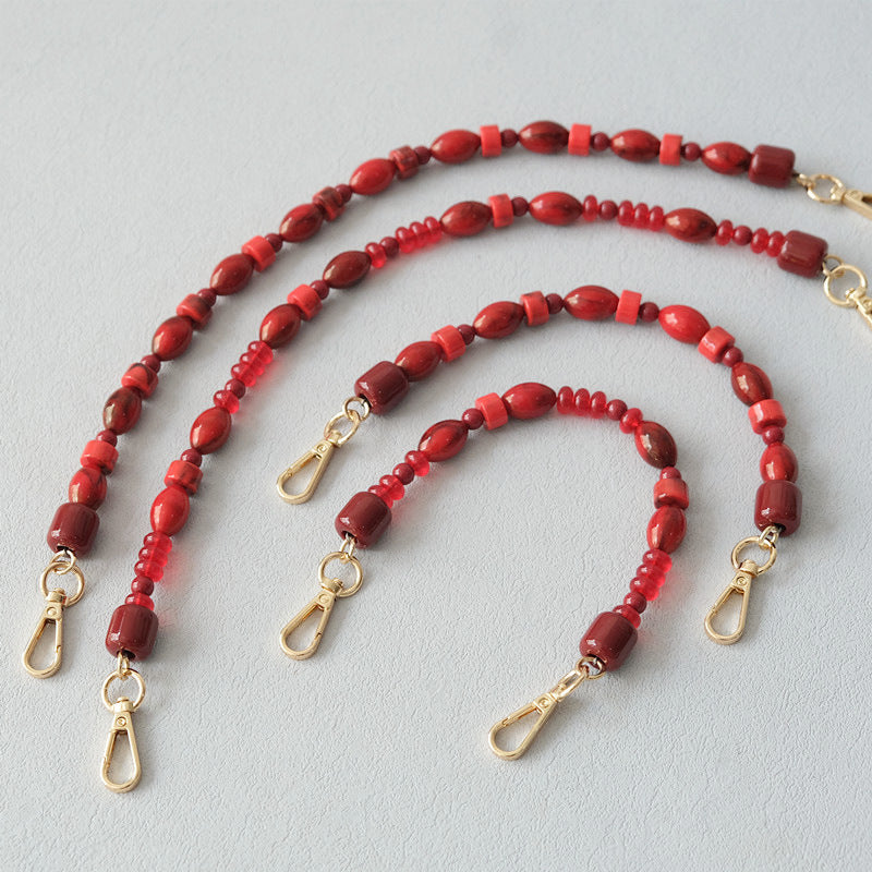 Fashionable Red Beaded Chain Accessory Crossbody Lanyard Bag