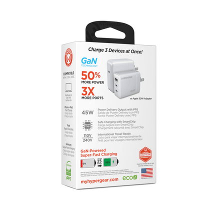 HyperGear SpeedBoost 45W USB-C PD Tri-Port GaN Fast Wall Charger with PPS