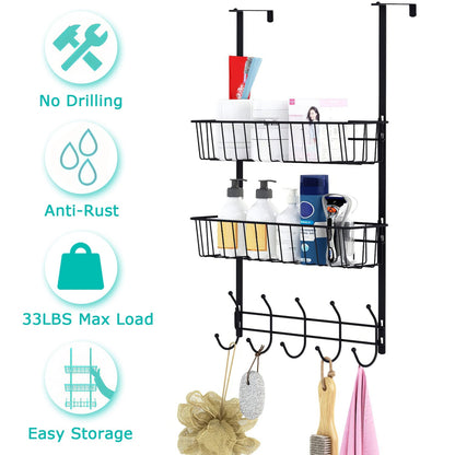 Over The Door Hooks Organizer Door Towel Rack Hanger 5 Hooks with 2 Metal Baskets for Bathroom Bedroom Kitchen Storage Shelf