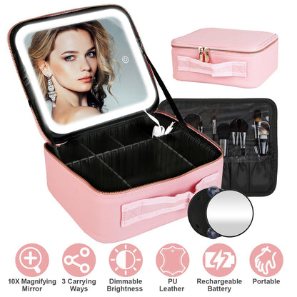 Travel Makeup Bag with LED Mirror Makeup Case Organizer with 3 Light Colors Adjustable Dividers Brush Holder Magnifying Mirror Dimmable USB Rechargeab