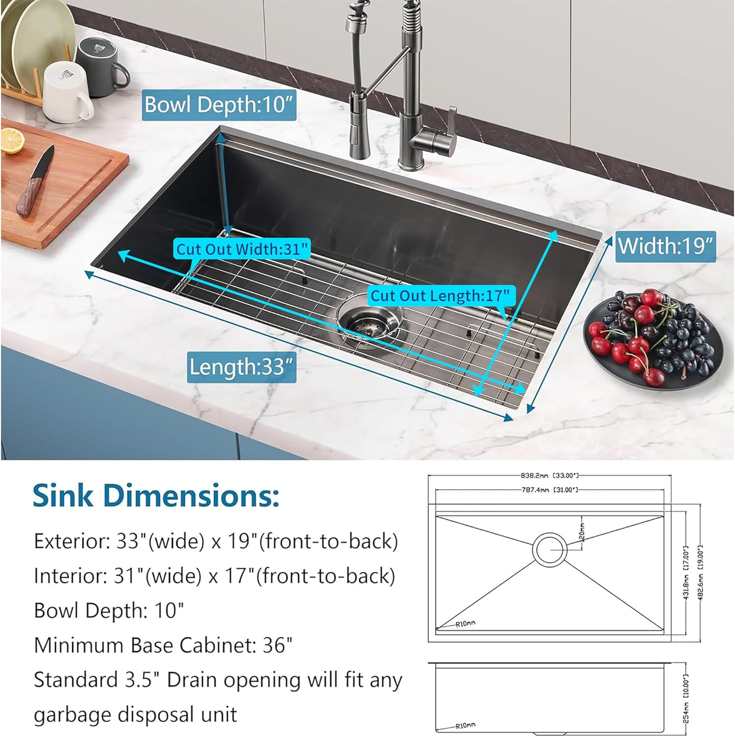 33 Gunmetal Undermount Kitchen Sink