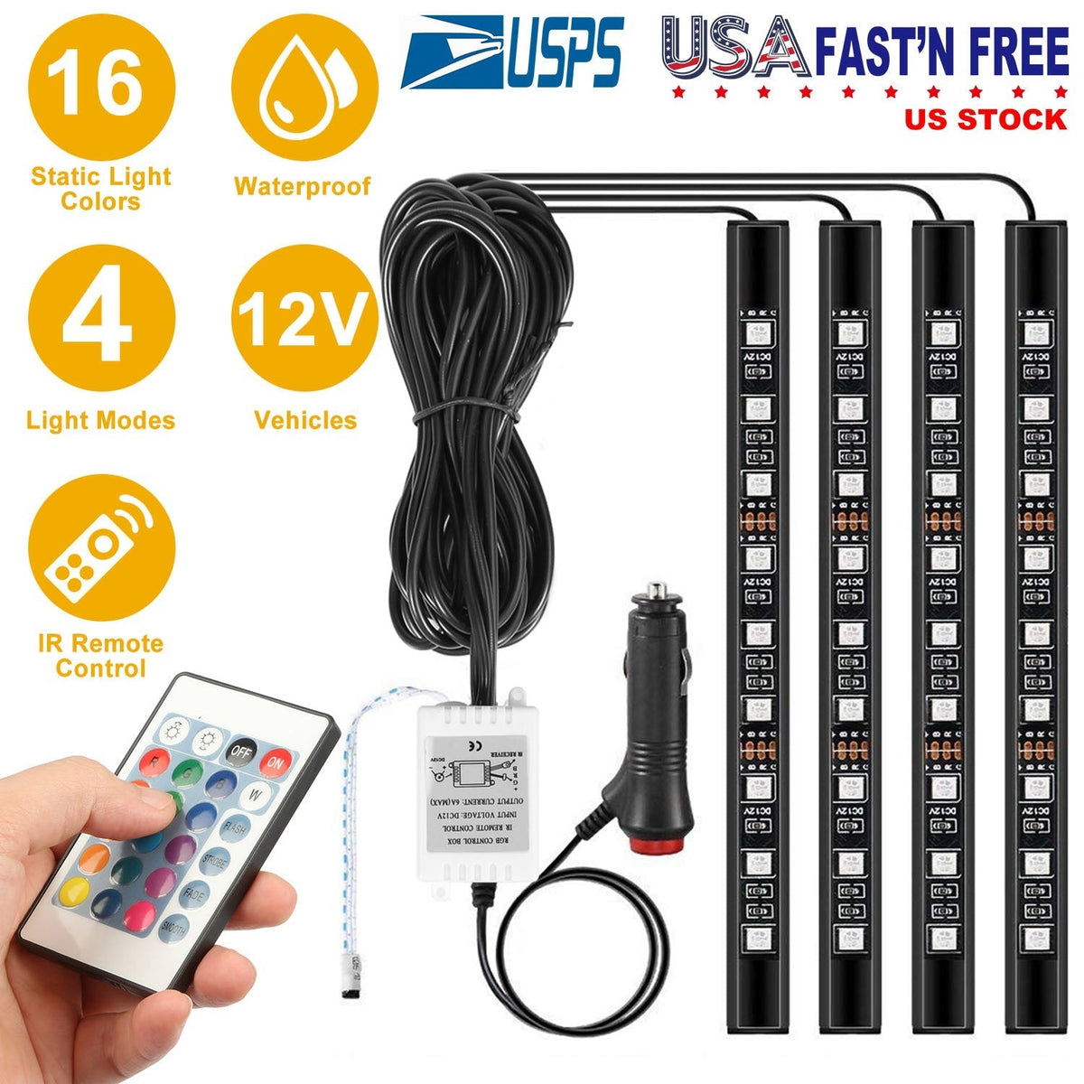 4PCS 36LEDs 12V Car Atmosphere Light Strip IP65 Colorful RGB LED Neon Lights IR Remote