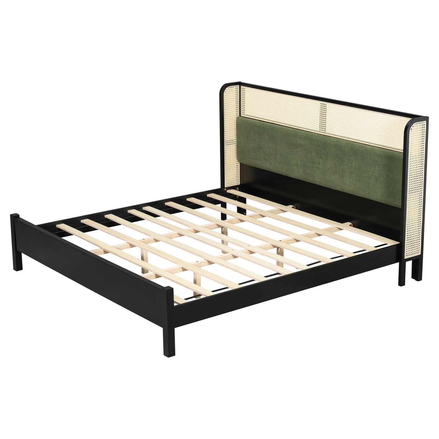 King Size Bed Frame with Black Frame and Green Upholstered Headboard