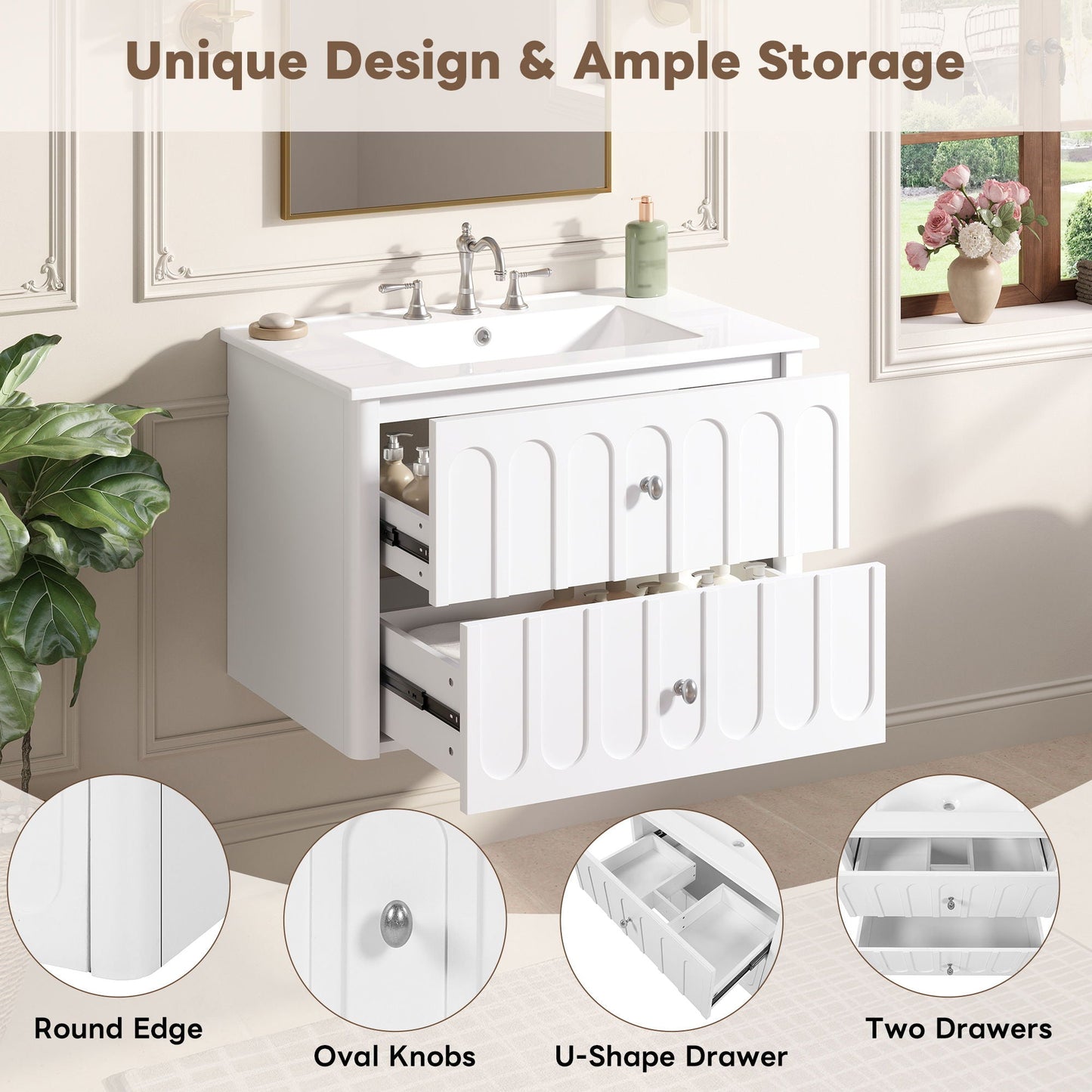 Floating Bathroom Vanity With Oval Knobs & Round Edge, Soft Close Drawer Slides