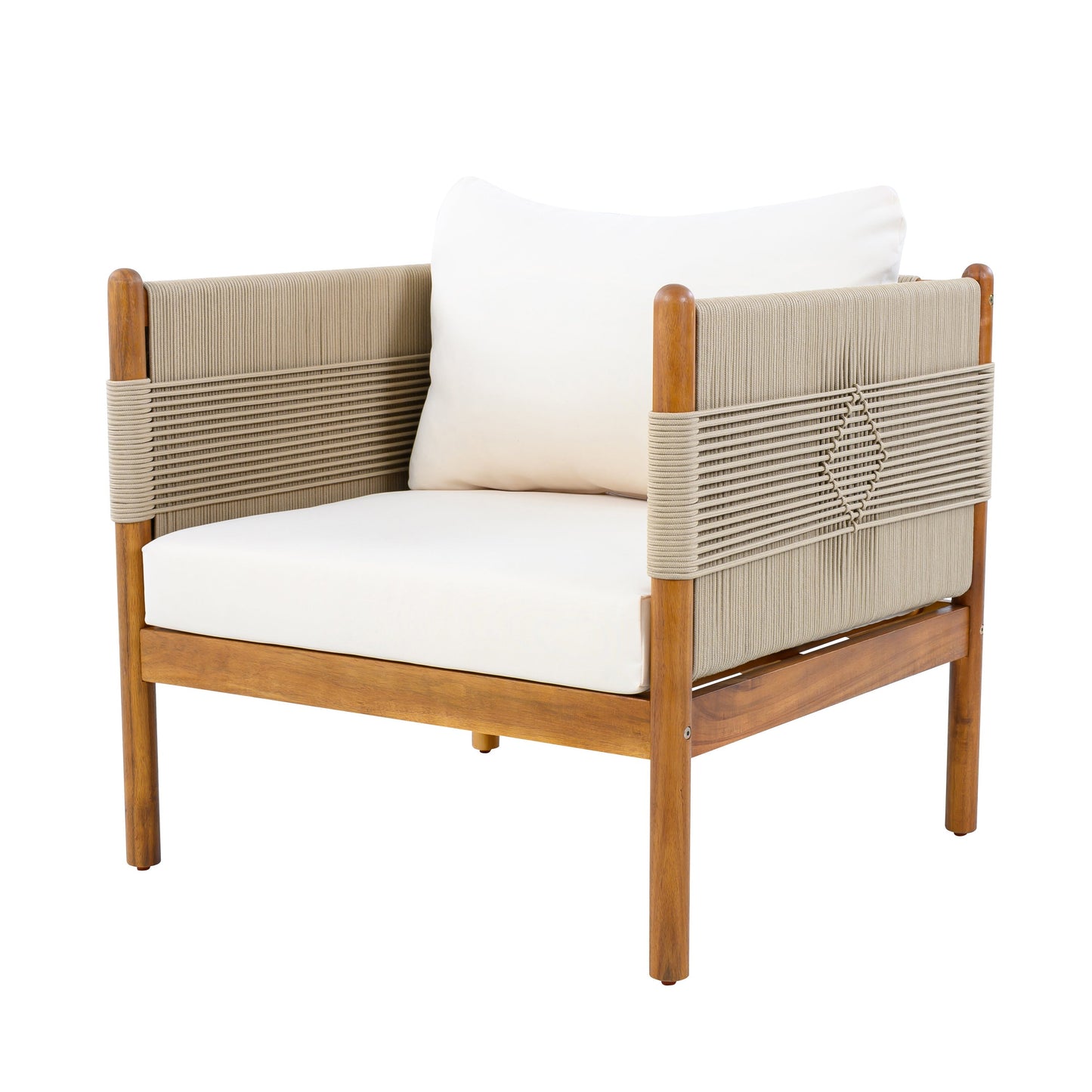 Outdoor Club Chairs (Set of 2) with Diamond-Pattern Beige Rope, Teak Finish