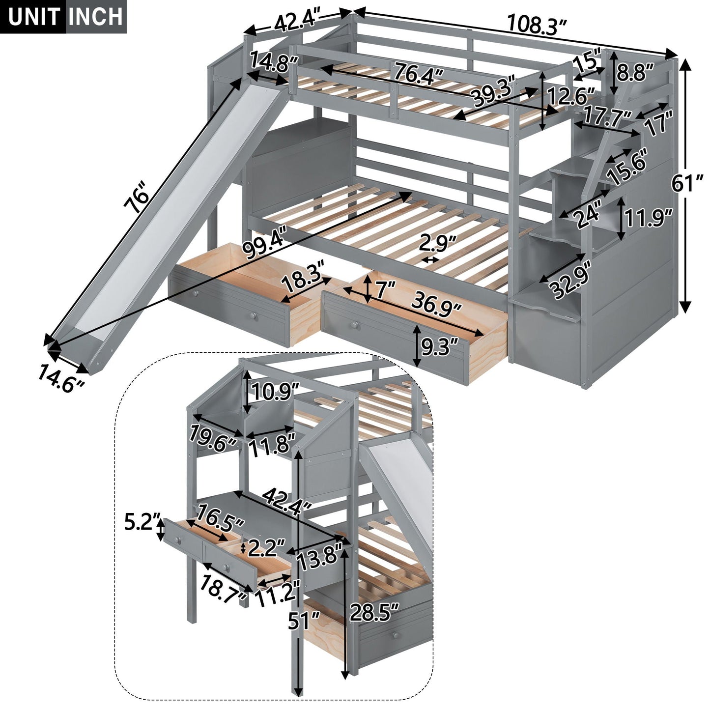 Bunk Bed With Storage Staircase, Slide, Desk, Drawers, And Shelves