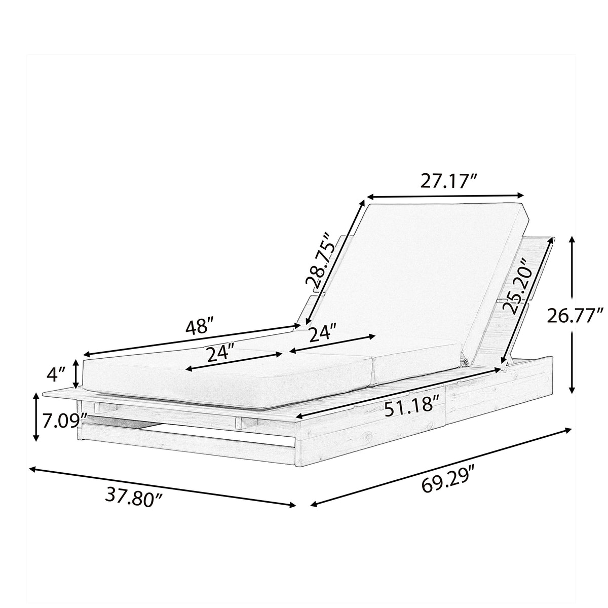 Acacia Wood Chaise Lounge with 4" Thick 3-Fold