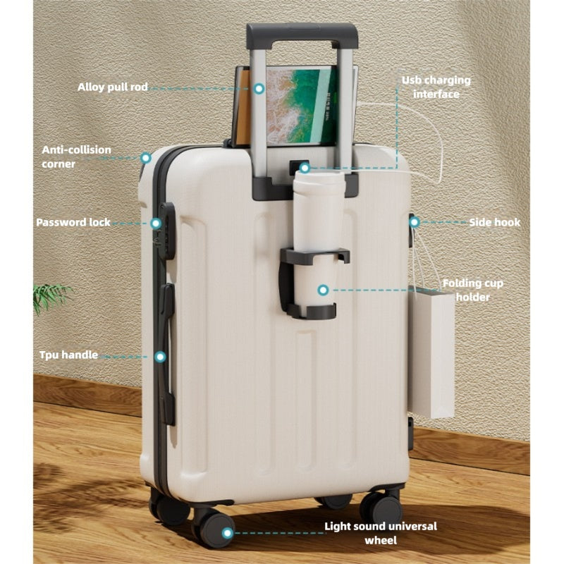 20 Inch 24 Inch Luggage, Silent Universal Wheel Anti Compression, Multifunctional Luggage, USB Port, Folding Cup Holder, Side Hook, Business Travel Box, Foldable Portable Cabin Travel Box, Lightweight