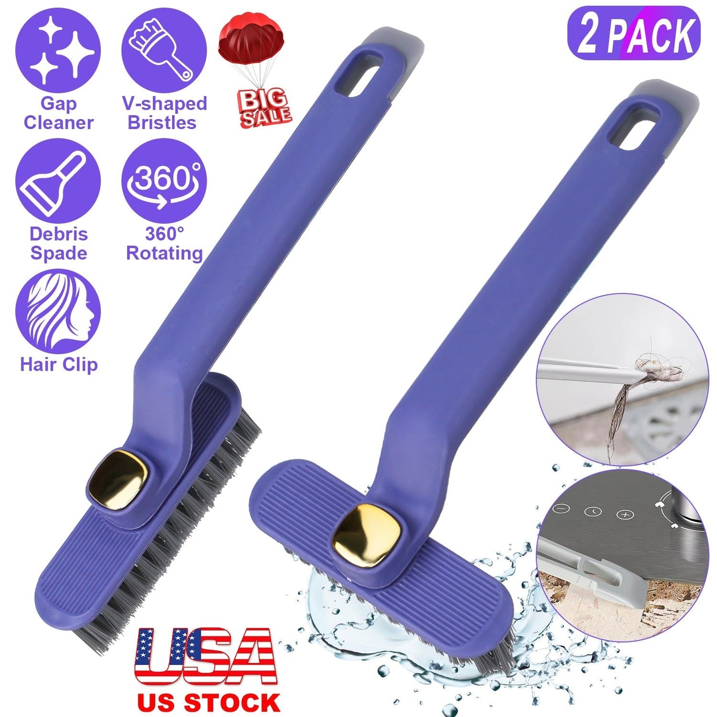 2 Pack Multi-Function Rotating Crevice Cleaning Brush Stiff Bristle Brush Gap Cleaner with 2-In-1 Clip and Spade for Tight Spaces Bathroom Kitchen