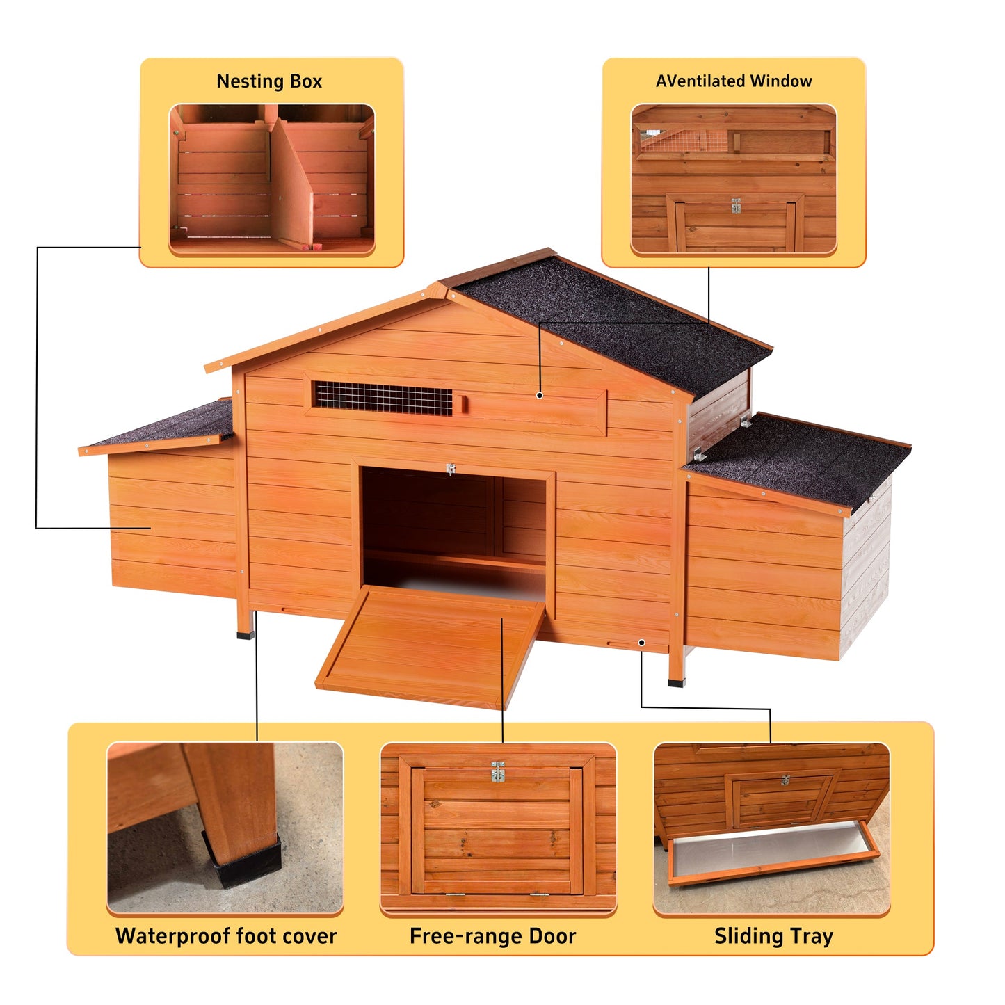 70" Large Wooden Chicken Coop with 2 Nesting Boxes