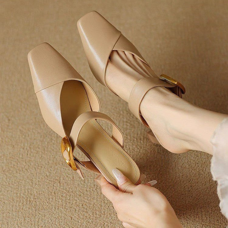 Summer New Women French Style Pointed Toe Mules, Fashion Outdoor Wear Versatile Block Heel Closed Toe Slide High Heels For Dresses