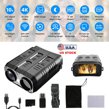 Night Vision Goggles 4K Full-Color BinocularsÊ10XÊZoom with 2624ft Viewing Range 3\'\' Screen 64G MMC Card WIFI APP Control Save Photo and Video for C