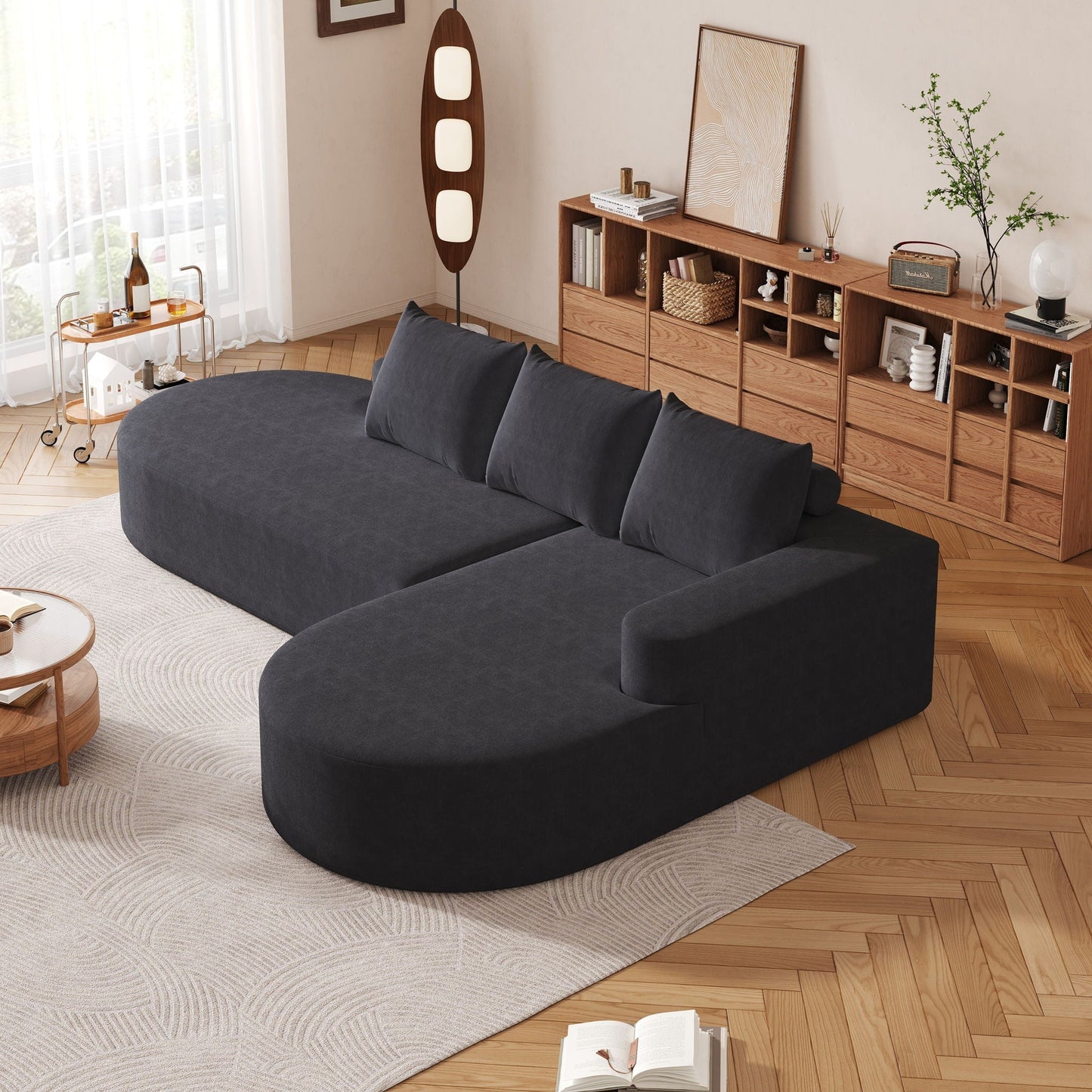 Modern Curved Sofa, L-Shaped Modular Sectional Set With 3 Pillows