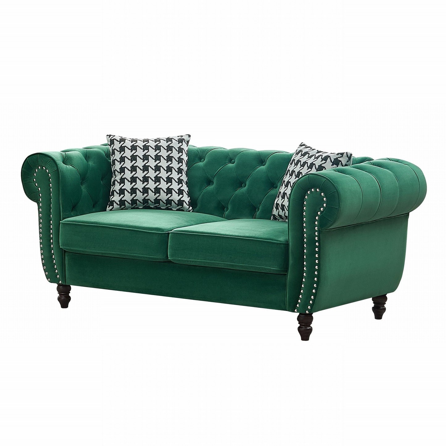 Chesterfield Fabric Sofa With Roll Armrest And Nailhead, Mid Century 2 Seater Couch