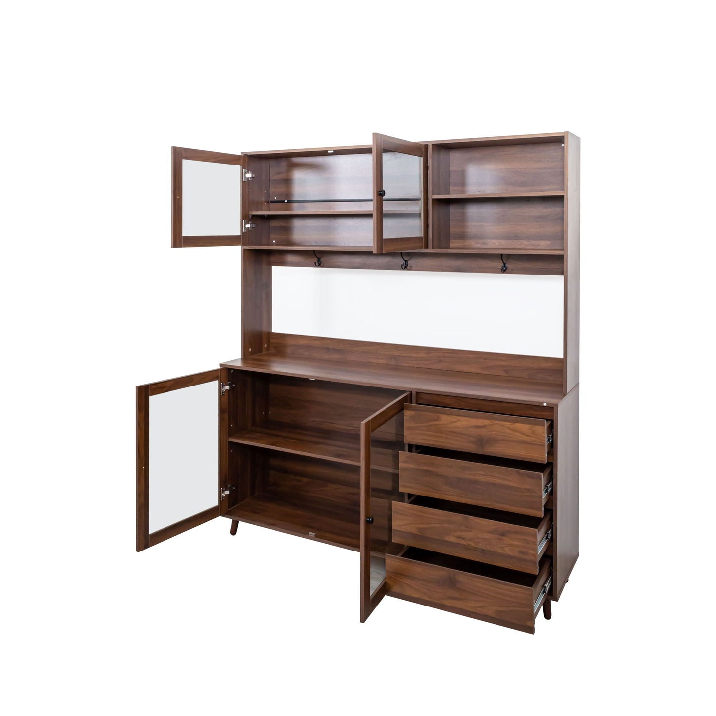 Large Kitchen Hutch Cabinet, Storage Kitchen Cupboard With 4 Doors, 4 Drawers & Microwave Shelf - Walnut