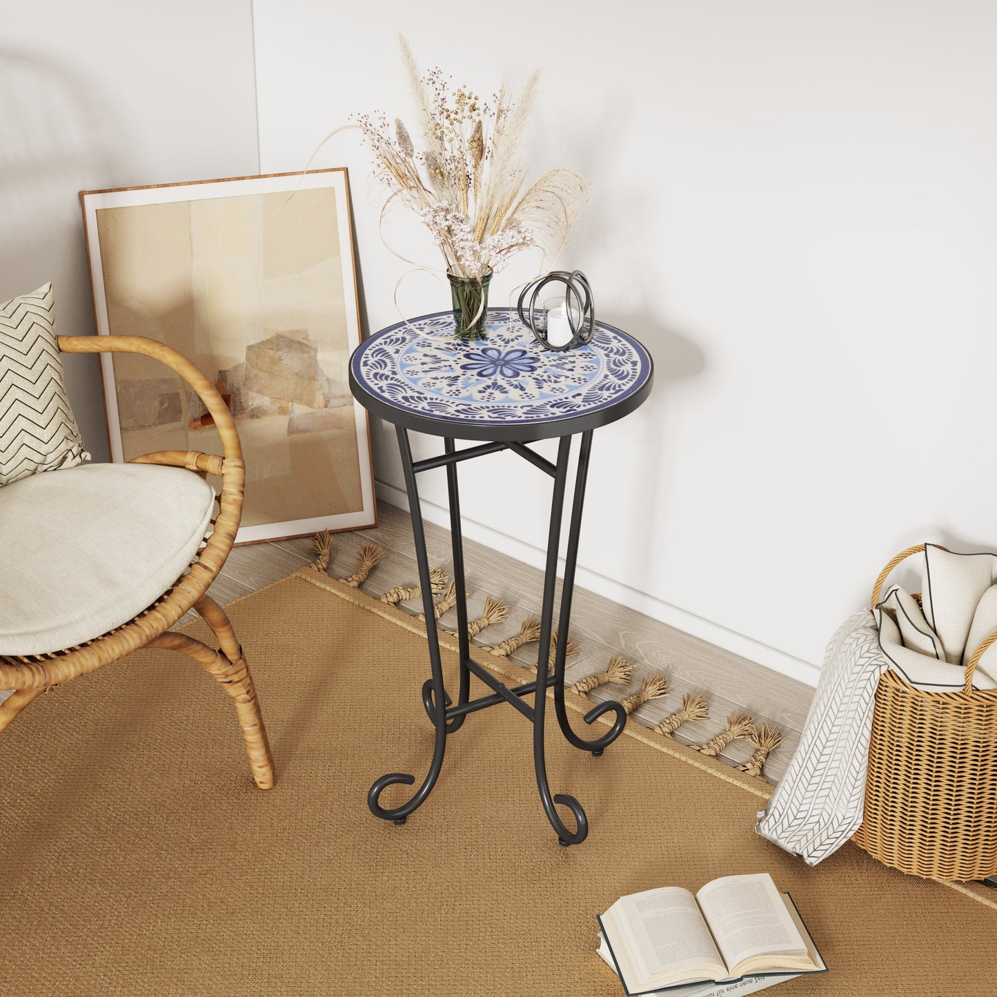Patio Side Table, Blue+Black