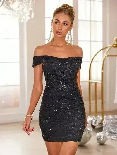 Glitter Ruched Off-Shoulder Mini Dress