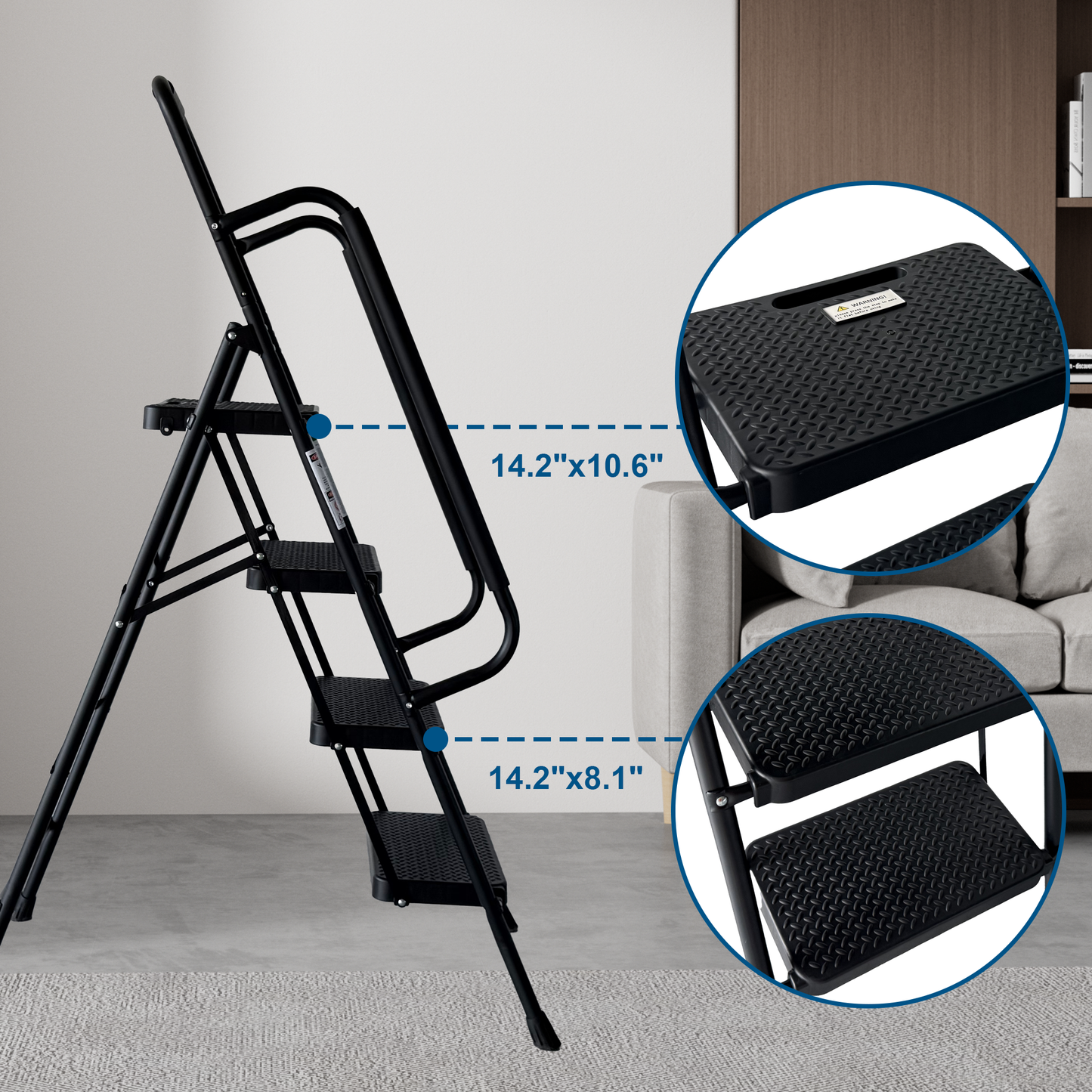 4 Step Folding Steel Ladder with Anti-Slip Pedals and Handrail
