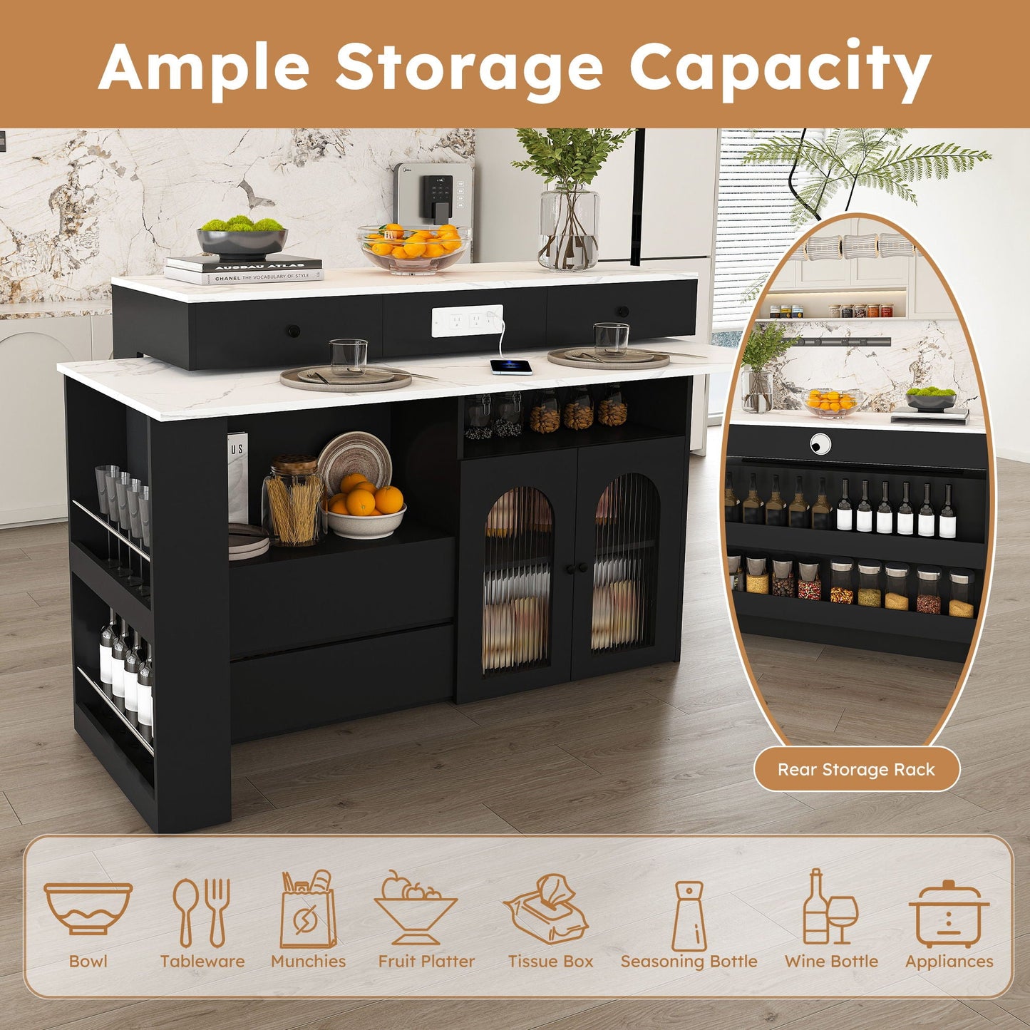 Kitchen Island With Extendable Rotating Table, 4 Drawers & Glass Door Cabinets, Built In Socket - Black
