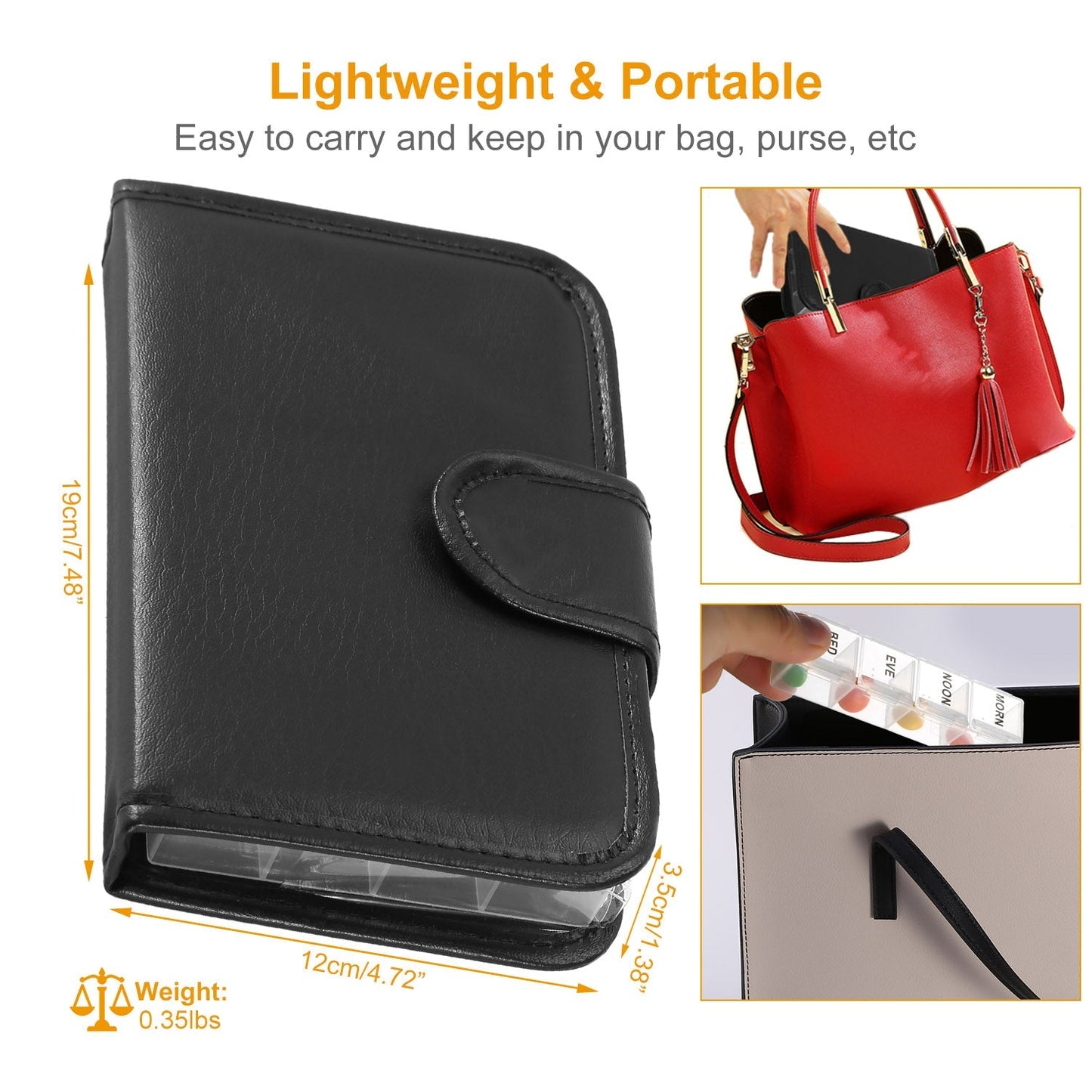 Weekly Pill Organizer AM PM Daily Medicine Pill Planner BPA Free Pill Box Vitamins Medication Supplements Holder with PU Leather Case