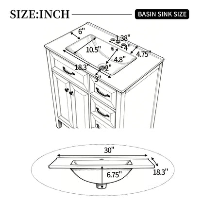 30" White Bathroom Vanity with Ceramic Sink