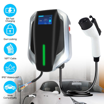 Level 2 Electric Vehicle Charger EV Wall Charger Car Charging Station with 2 Swipecards Digital Display Gun Locking for Home Garage