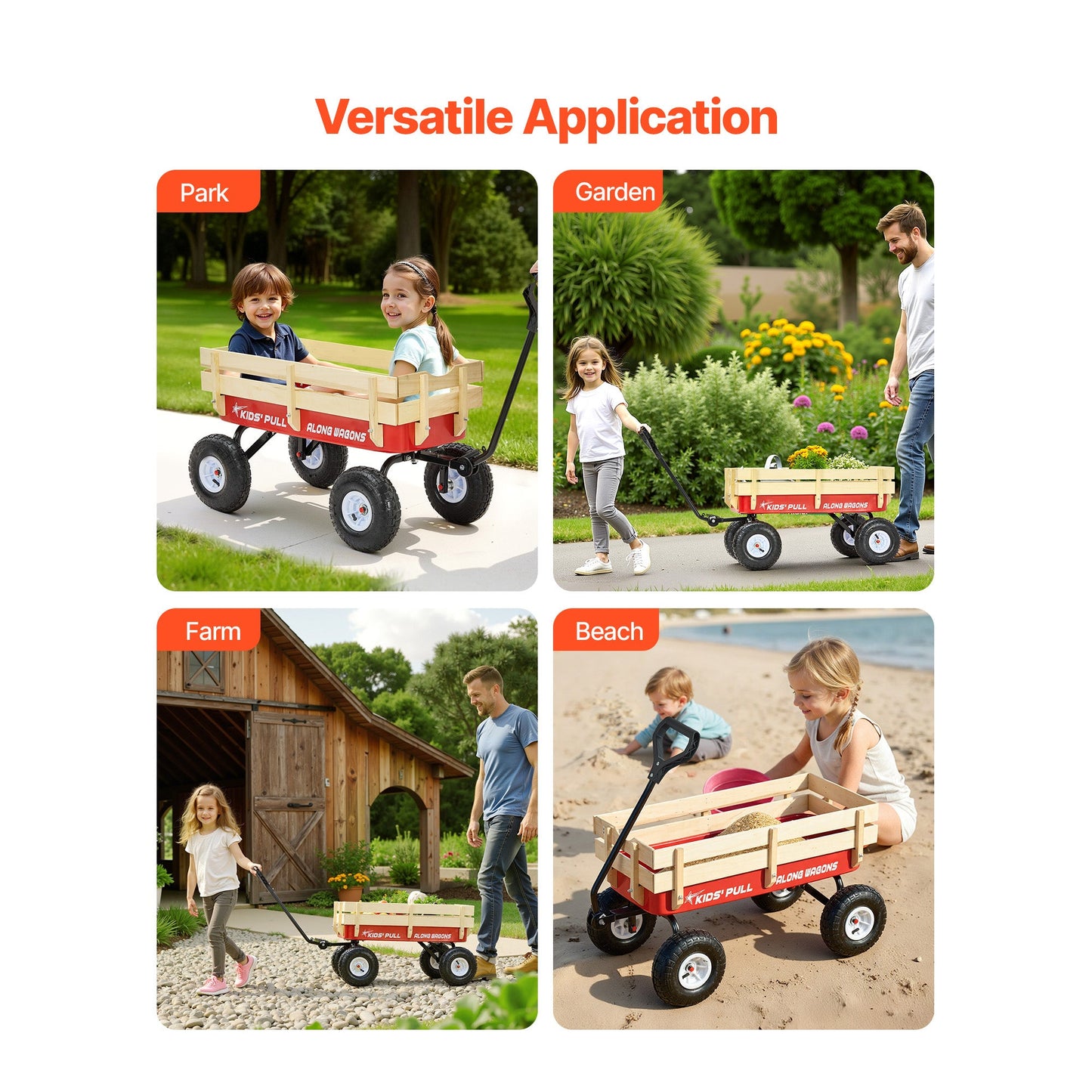 Pull-Along Wagon for Kids, 39 Inch Toddler Wagon with Wooden Panels & Handle