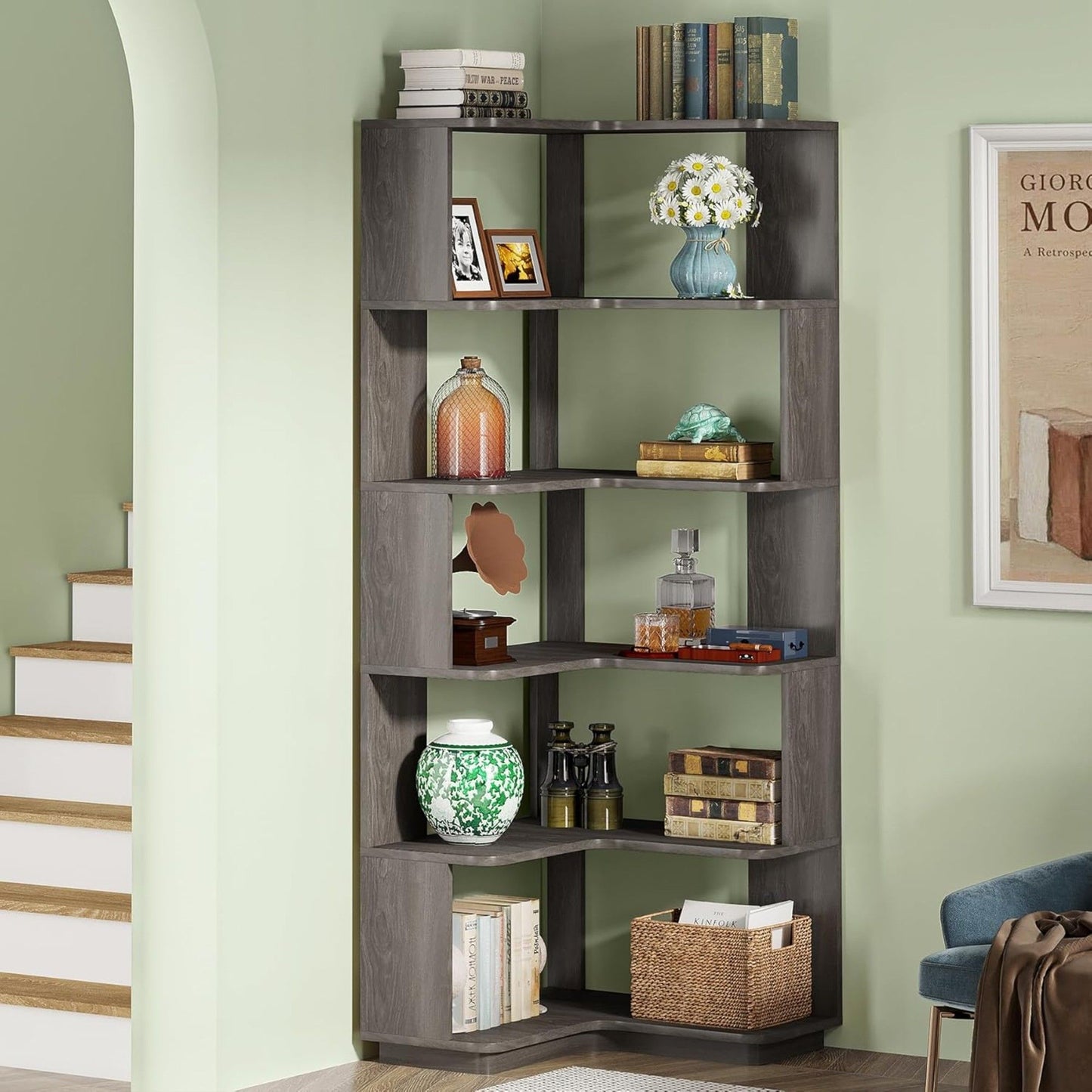 6 Tier Corner Bookshelf, L-Shaped Freestanding Shelf With Anti Drop Panels