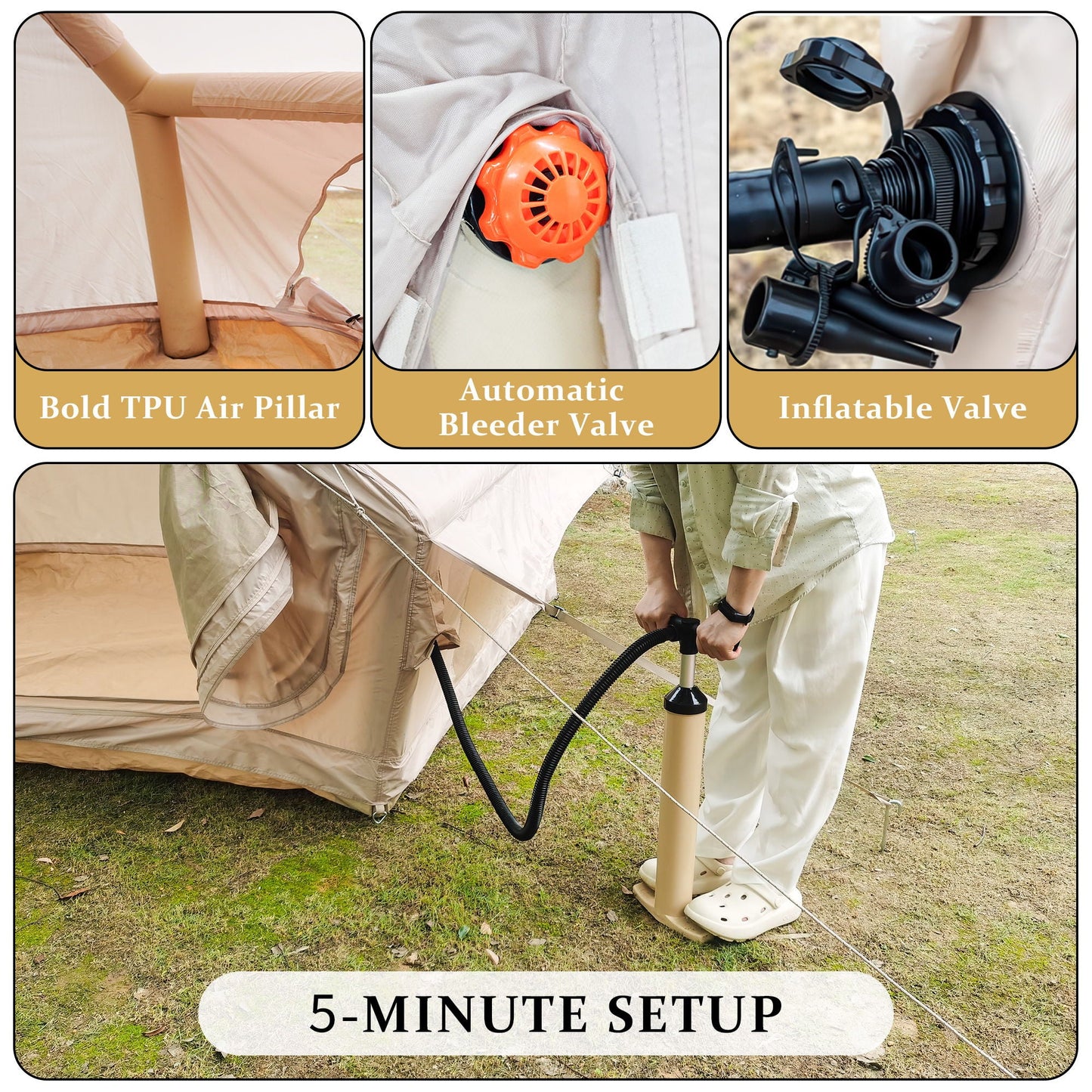 Inflatable Glamping Tent For 4 - 6 People, Waterproof Outdoor Tent With Pump - Khaki