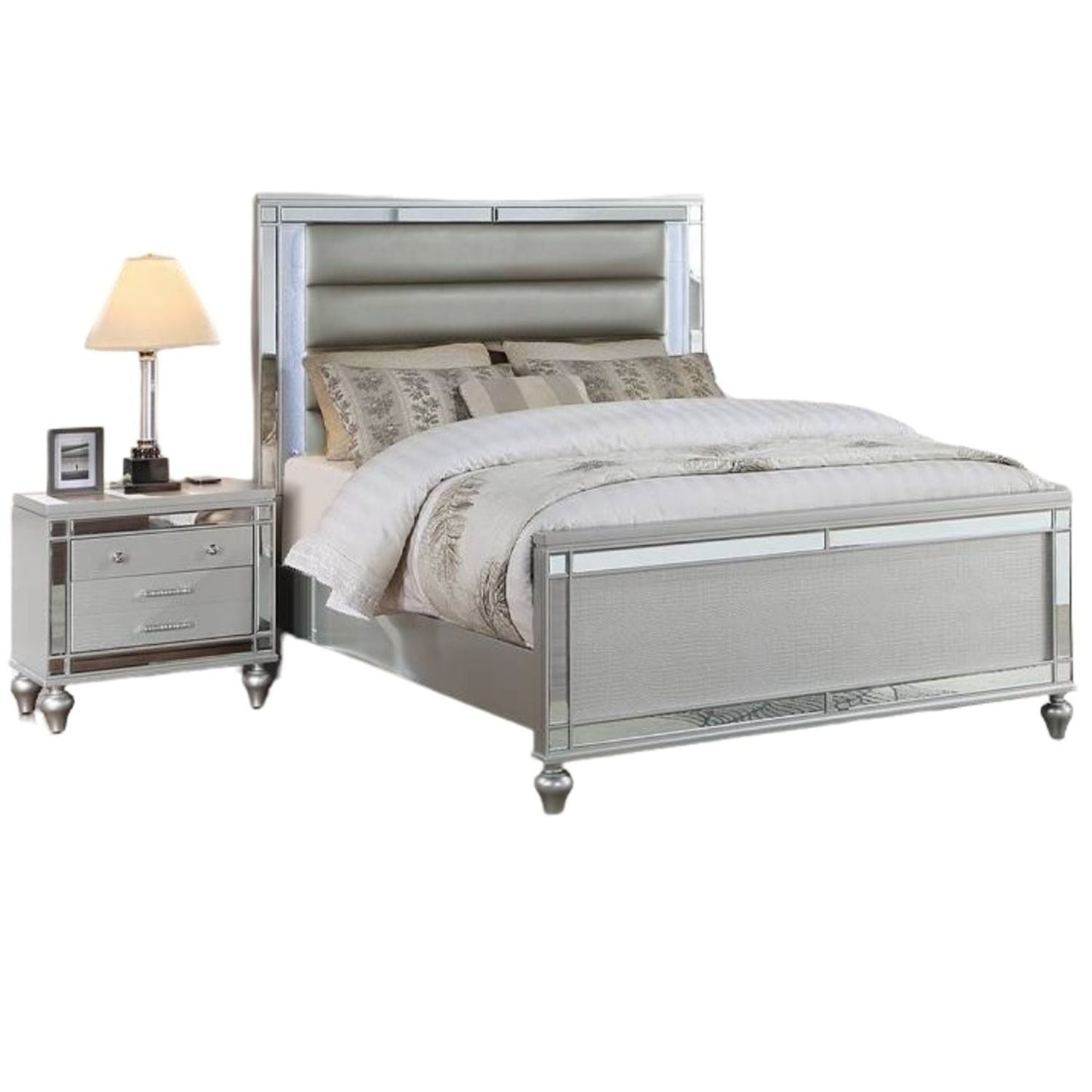 Modern Bed With LED Lights And Glass Panels, 2 Nightstands